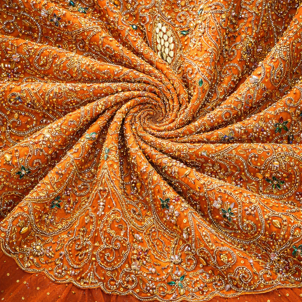 Orange Embroidered Sequin Net Lace Fabric